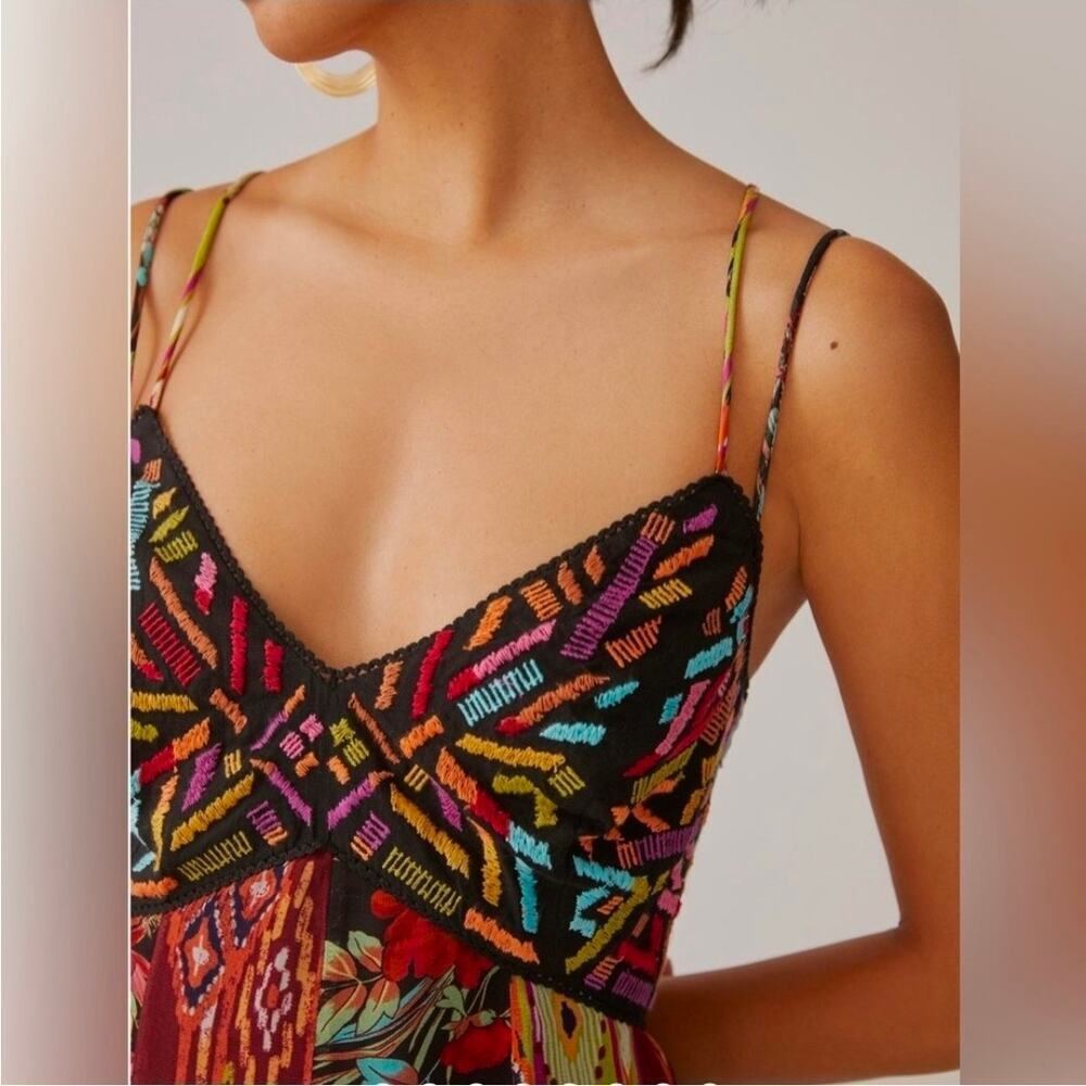 Anthropologie Multi Print V Neck Embroidered Geometric Maxi Dress - Picture 2 of 14